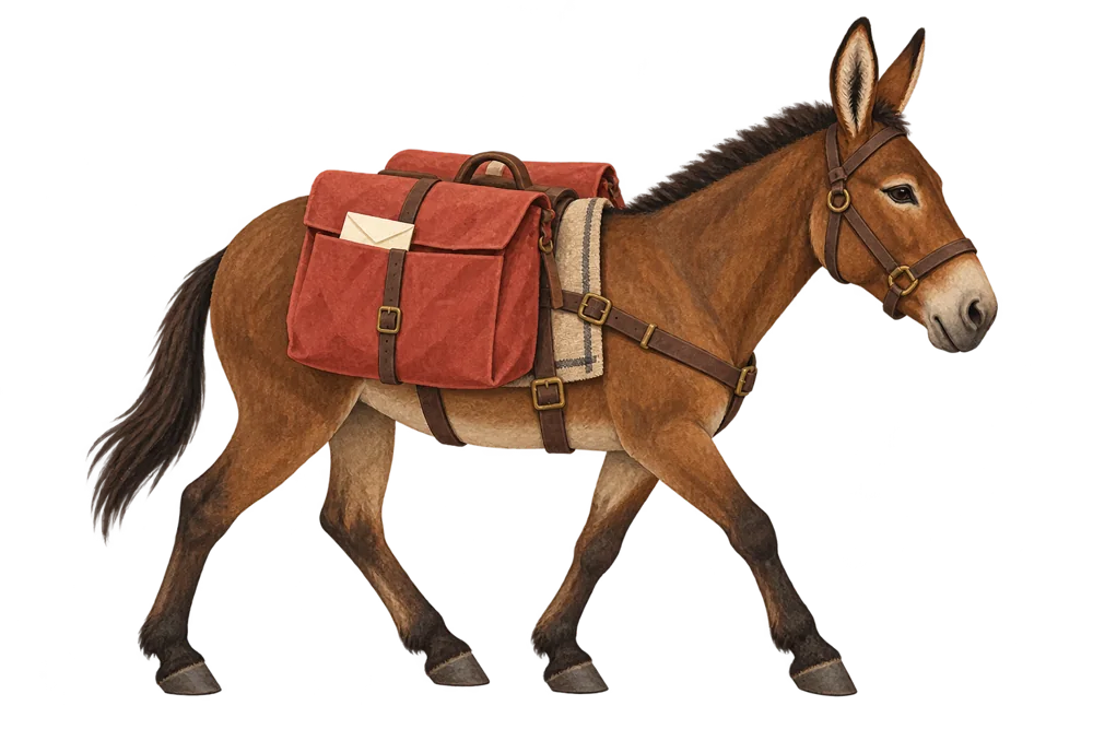 Illustrated mule carrying mail panniers